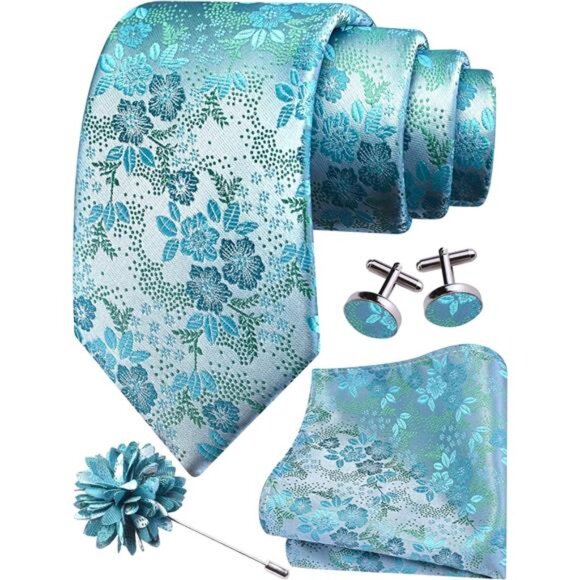 Mens Lapel Pin Necktie Hankerchief Cufflinks Set Blue - Picture 1 of 5